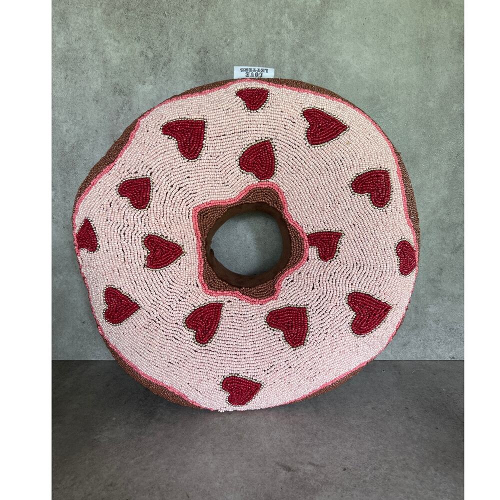 Love Letters Valentines day giant beaded Donut pillow beaded icing w hearts pink